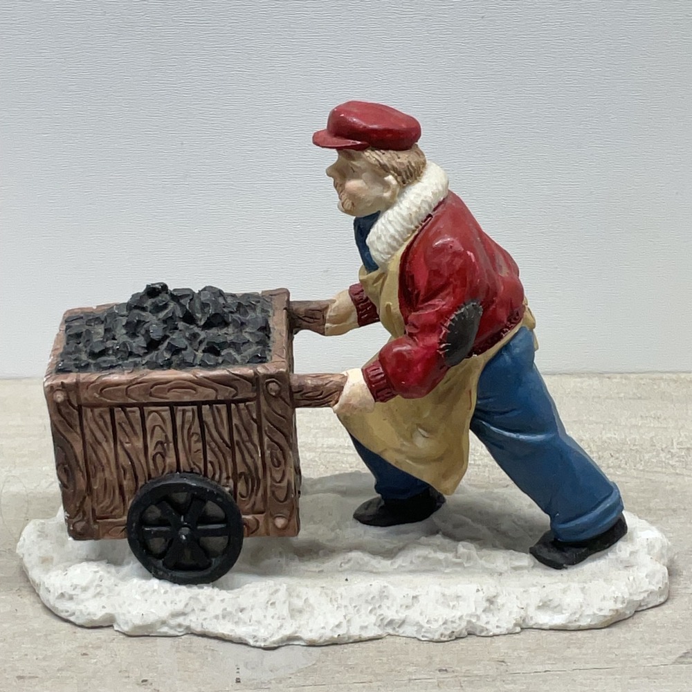 Vintage 1992 Mervyns Christmas Village Man Pushing Coal Cart Figurine